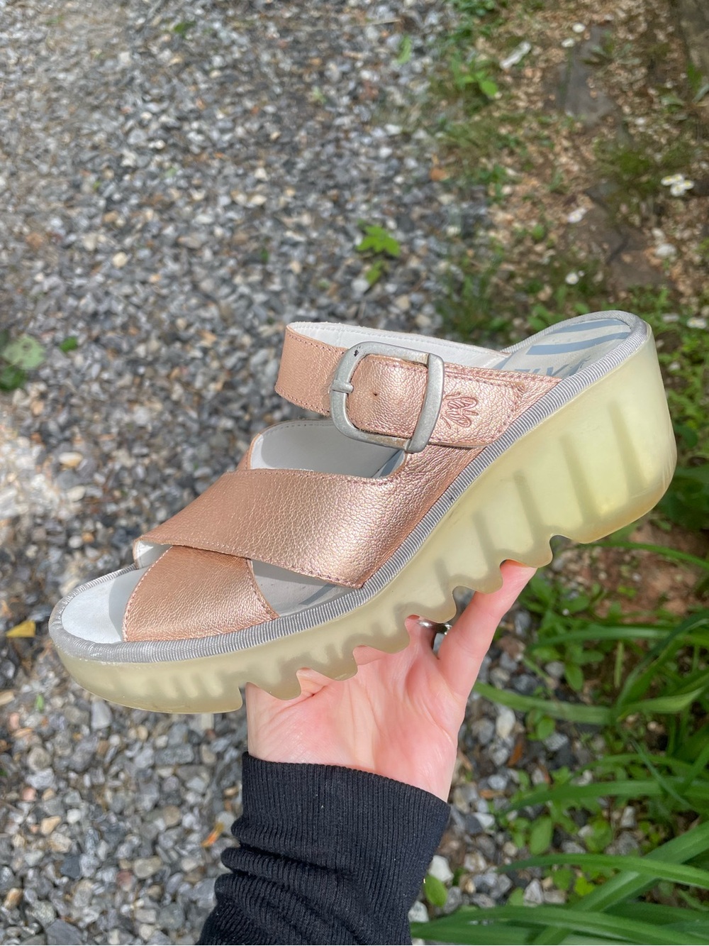 Fly London Bocy Blush Gold Leather Wedge Sandals Size 37